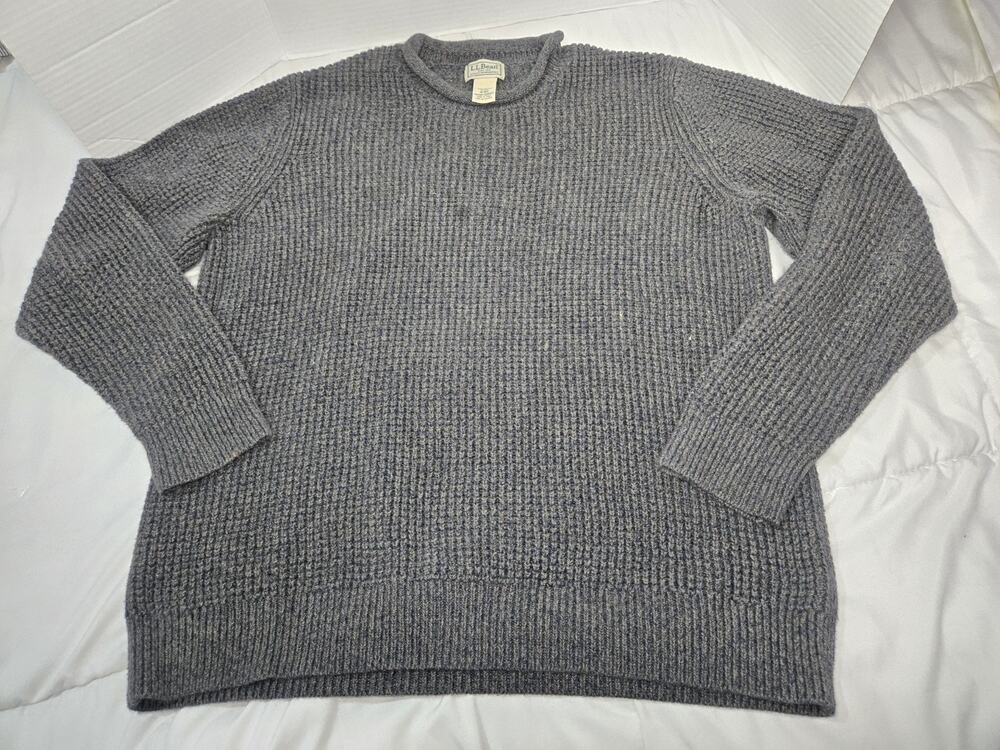 L.L. Bean Mens M Gray Roll Neck Fisherman Waffle Knit Sweater Organic Cotton